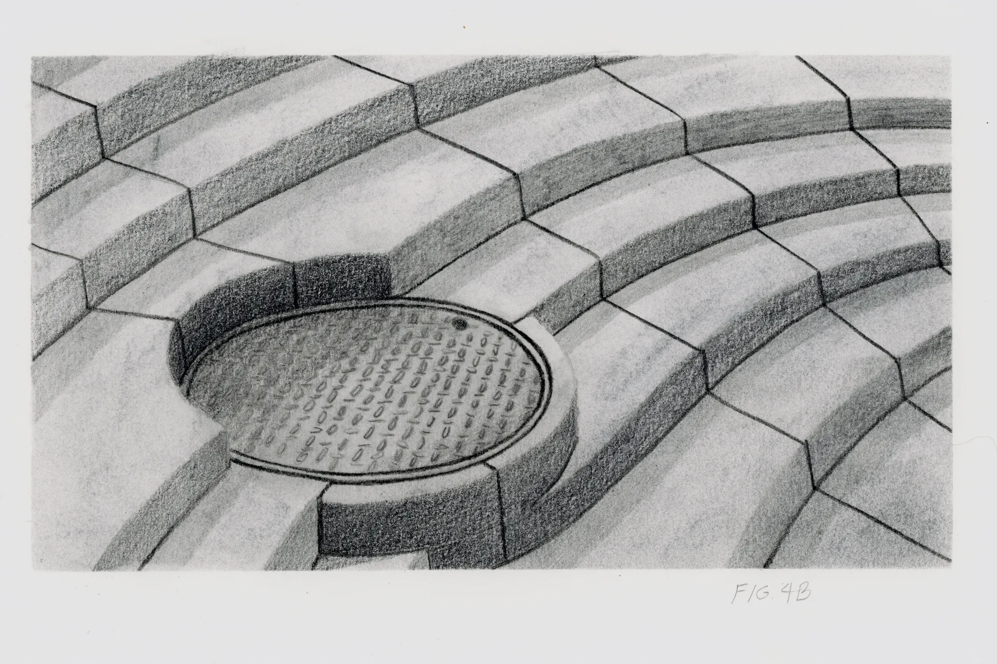 Graphite drawing of a manhole in stairs